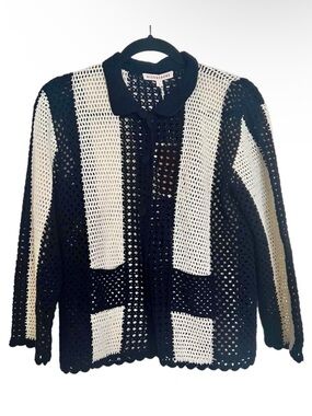 AlexaChung Blue / Ecru Bowling Two Tone Crochet Cardigan Jacket NWT Large